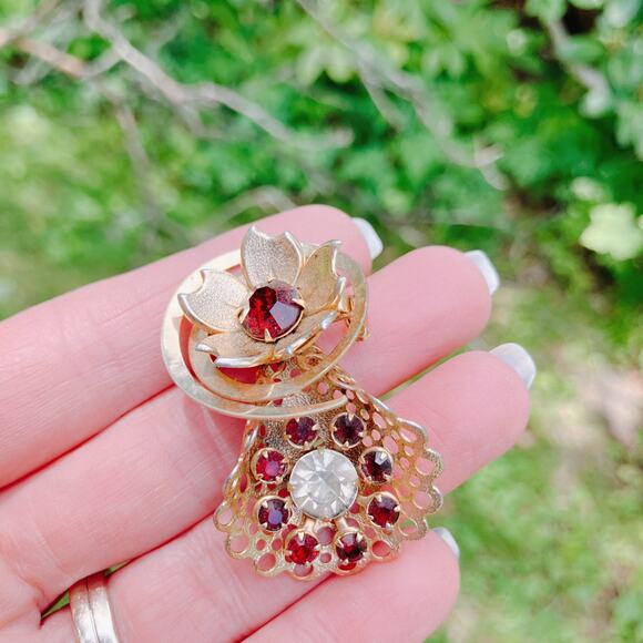 VTG Mid Century Gold Tone Rhinestone Fan Flower Brooch Costume Jewelry 50s 60s - Picture 7 of 10